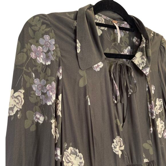 Free People Maxi Dress Large Long Sleeve Floral Flowy Lined Grey V-Neck Boho - Picture 4 of 10